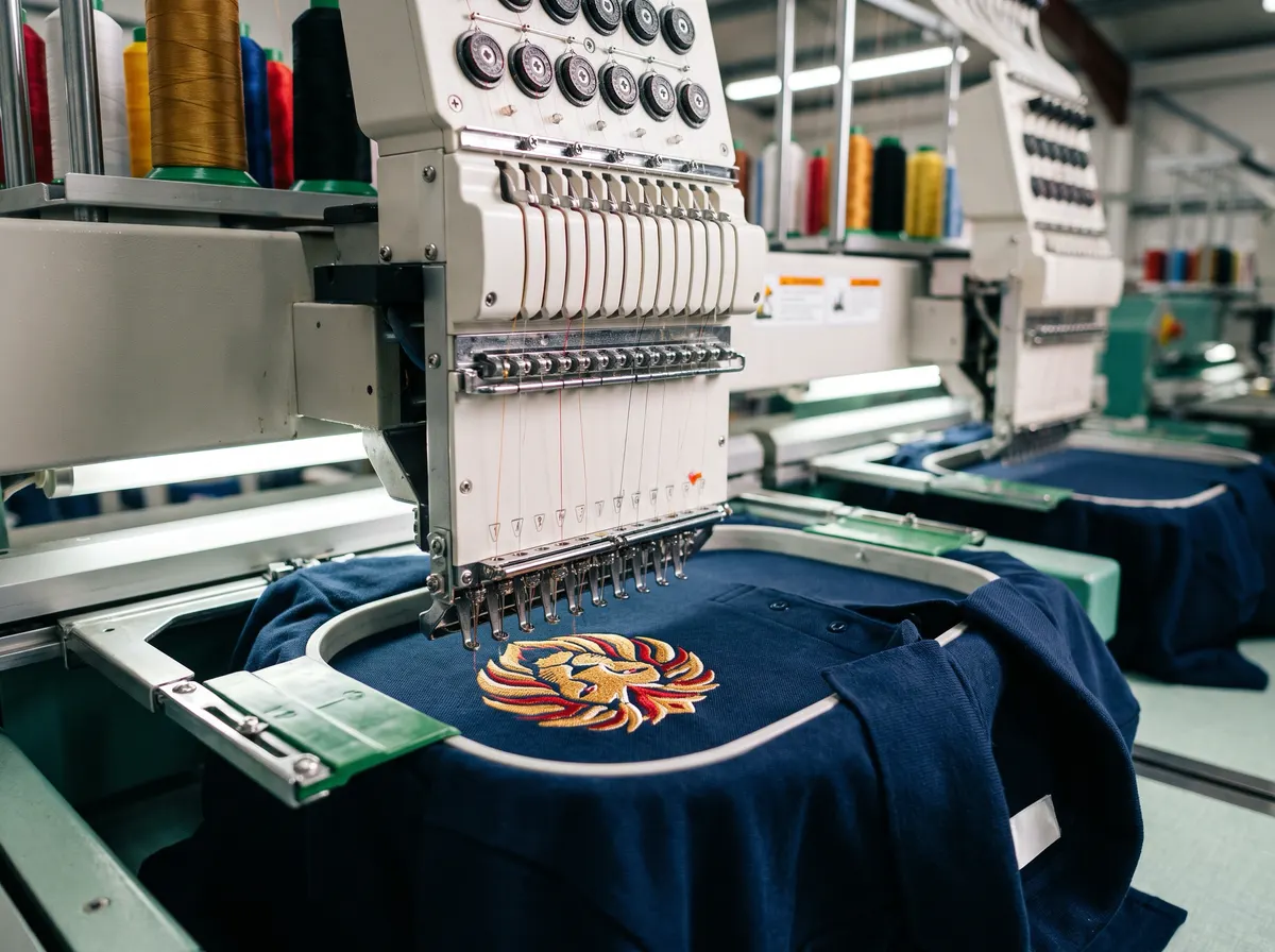 Embroidery machine stitching logos onto workwear for Basingstoke customers